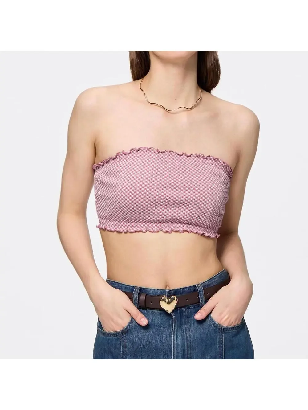 Uniqlo GU Gingham Check 2Way Bandeau Pink Crop Top NWT Small